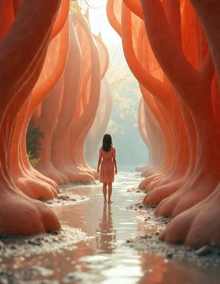 The primary subject of the image is a woman walking through a river, surrounded by tall, pink, and orange trees. The setting appears to be a forest, with the woman being the main focus of the scene. The visual style of the image is a combination of photo and digital art, creating a unique and captivating atmosphere. The dominant colors in the image are pink, orange, and green, giving the scene a vibrant and lively mood.